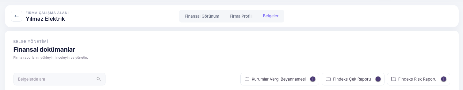 Belgeler sekmesi: Kurumlar Vergi Beyannamesi, Findeks Çek Raporu ve Findeks Risk Raporu yükleme düğmeleri