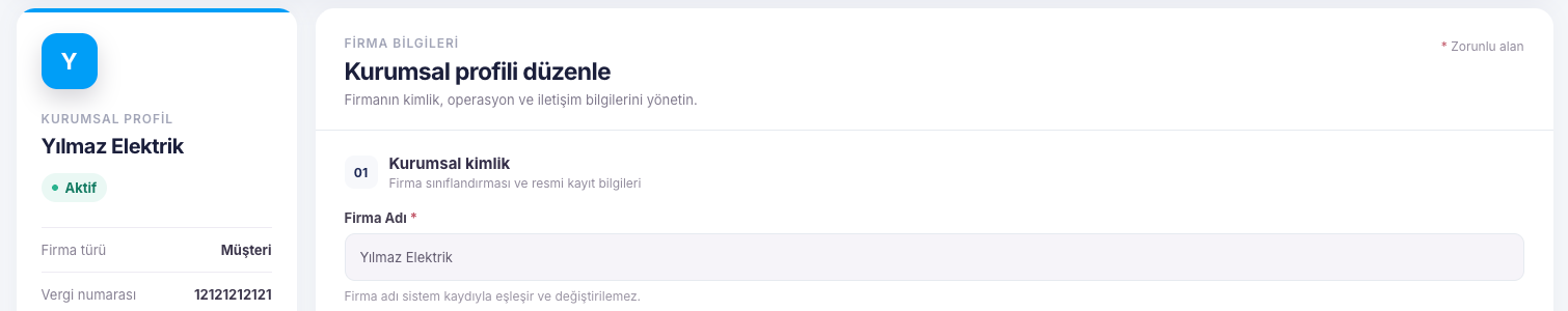 Firma Profili sekmesi: kurumsal profil özeti ve kurumsal kimlik formu
